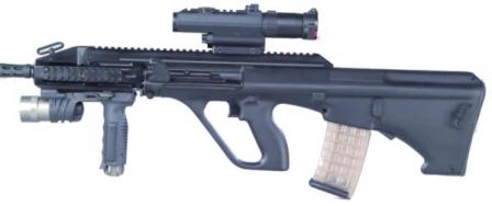 Steyr AUG A3 Carbine with 16inch barrel and optional forward grip / tactical flashlight and telescope sight