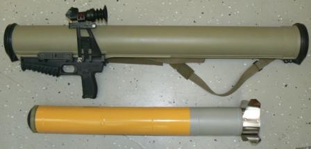 RPO-M thermobaric grenade launcher / rocket-propelled flame-thrower, complete weapon (top) and FAE rocket (bottom).