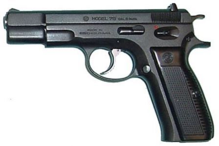 Original version of the CZ 75 pistol, easily distinguishable by the curved triggerguard and spurred hammer
