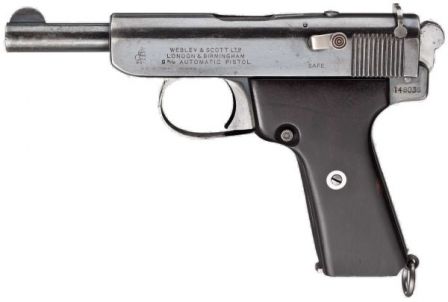 Webley Scott automatic pistol, cal.9mm Browning Long, model of 1922. South African Police issue pistol.