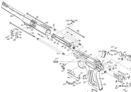drawing from original patent (US 3,780,618 issued to Harry Sanford on Dec 25, 1973), that displays the basic design of Auto Mag pistol