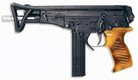 OTs-02 Kiparis submachine gun with butt folded; note different color of the plastic grip (early production model).