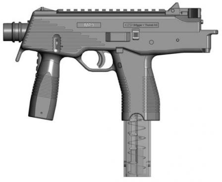 The B+T MP 9 submachine gun (drawing), with shoulder stock folded.