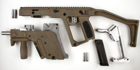 TDI Kriss Super V™submachine gun, prototype, disassembled into basic components.