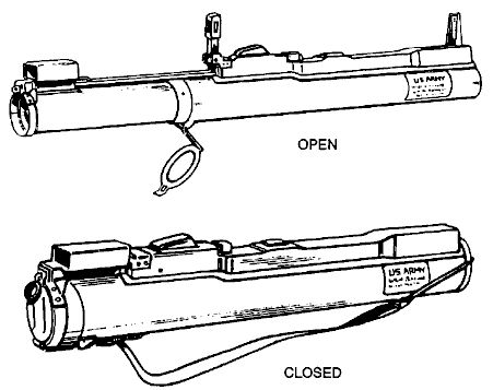 M72 LAW launcher in ready to fire (top) and storage / transport (bottom) configurations.